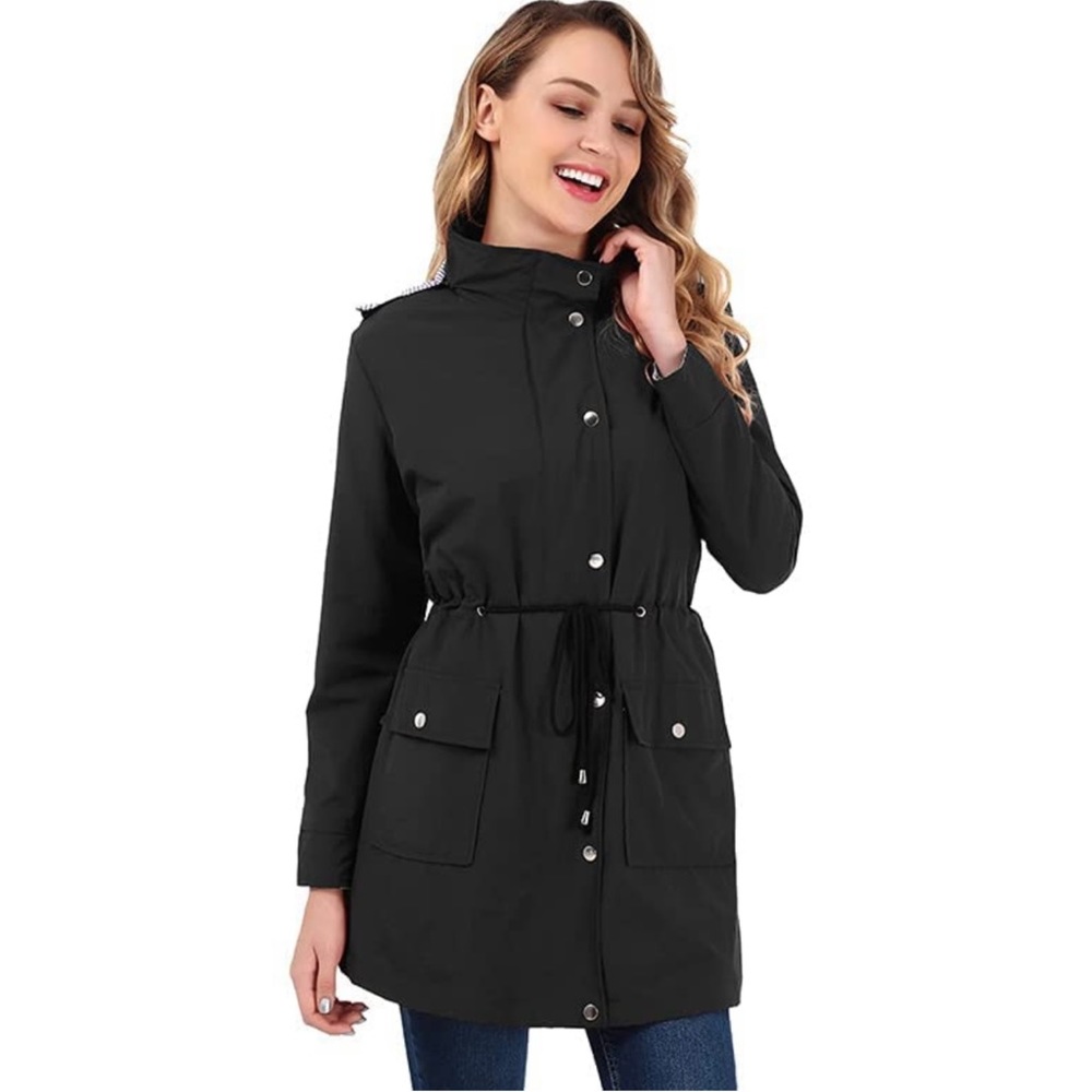 Rain Jacket Women Windbreaker Striped Waterproof Lightweight Hooded Trench Coat